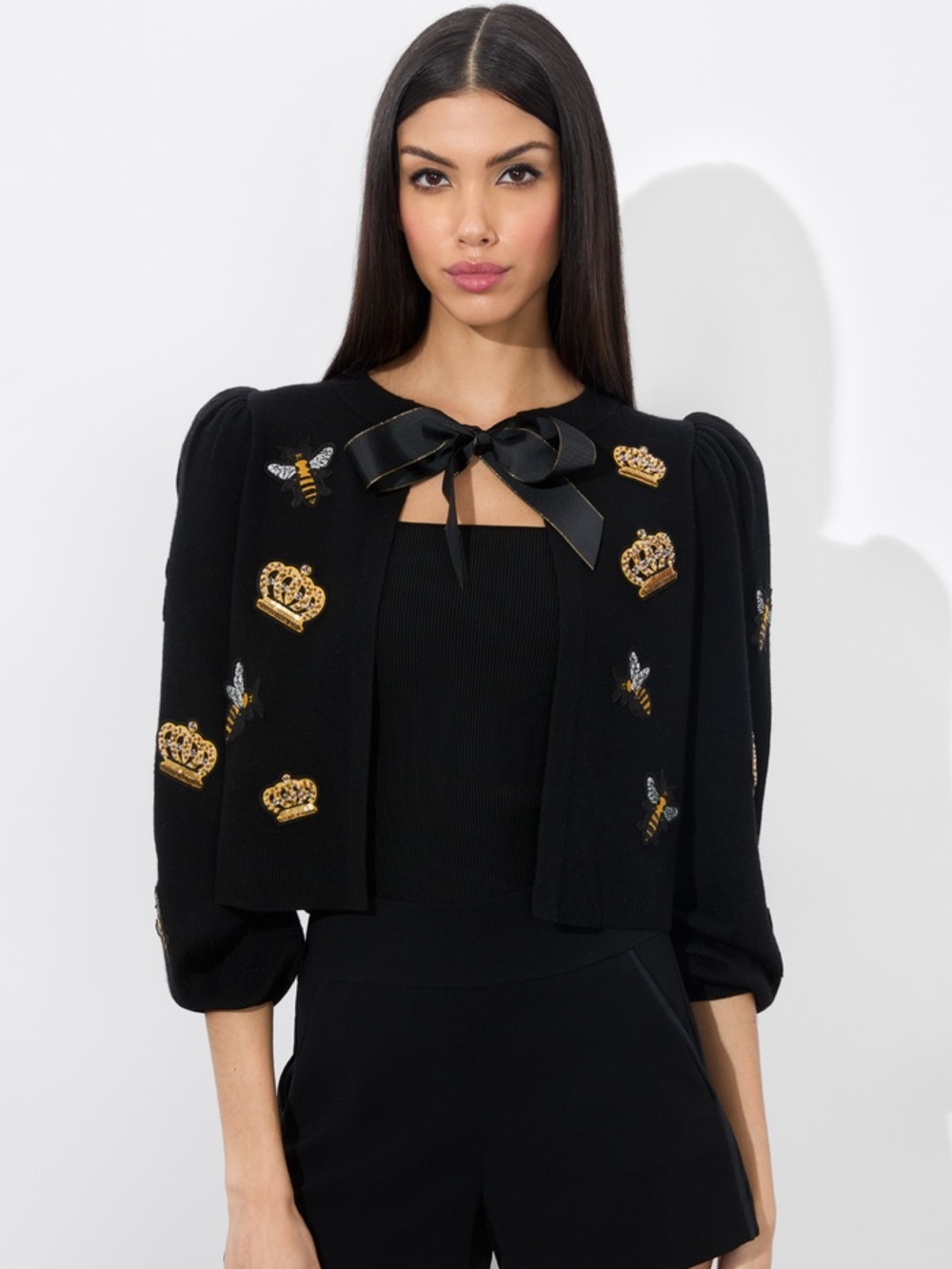 Alice + Olivia Kitty Bee Cardigan Size S Embellished Wool Bee Crown Sweater